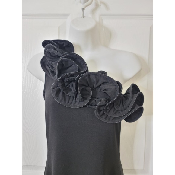 Y2K La-El Couture Black One Shoulder Ruffle Fit & Flare Midi Dress Size Small - Picture 3 of 6